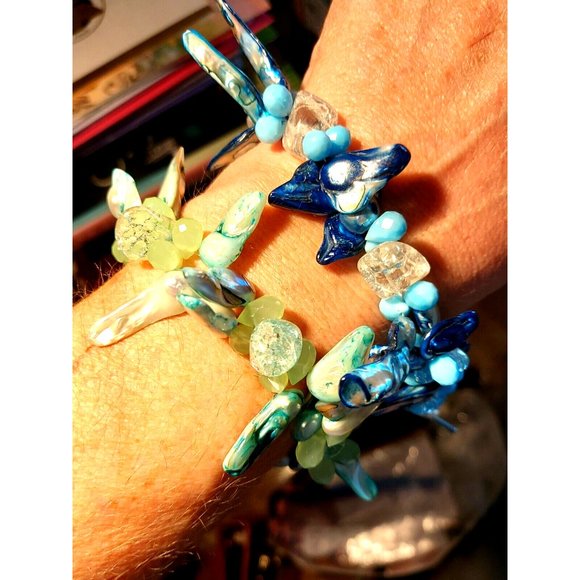 Blister pearls Glass Beaded Bracelet 7 1/2" Dyed pick your color Blue or Green - Picture 2 of 11